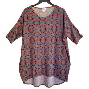 LulaRoe IRMA Size SMALL Tunic Slinky Blouse Short Sleeve Red Blue Geometric